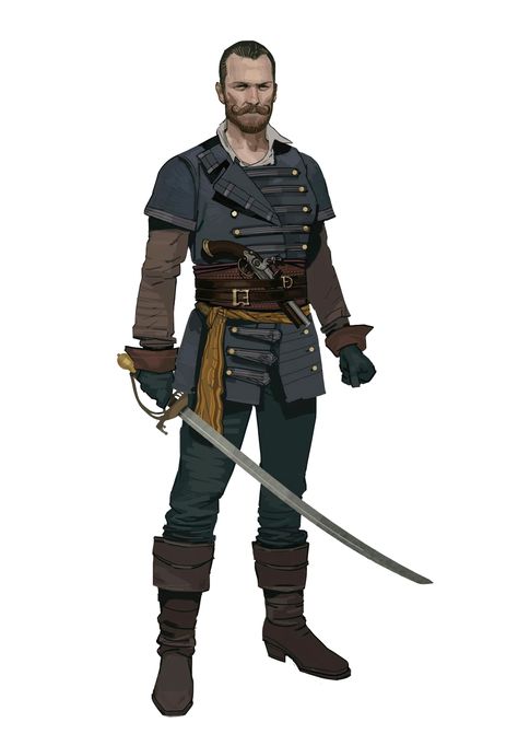 Human Sword and Pistol Fighter Gunslinger - Pathfinder PFRPG DND D&D d20 fantasy Privateer Character, Ship Captain Character Design, Pirate Designs, Pirate Concept, Brian Matyas, Pirate Design, Pirate Art, Dungeons And Dragons Characters, Jolly Roger