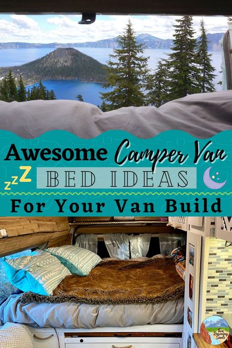 a picture of two camper van beds with words overlay saying awesome camper van bed ideas for your van build Simple Camper Van, Camper Van Bed Ideas, Campervan Bedding, Van Conversion Bed Frame, Camper Van Bed Frame, Removable Bed For Van, Camper Van Queen Bed, Over Cab Bed Van, Van With Bed In Back