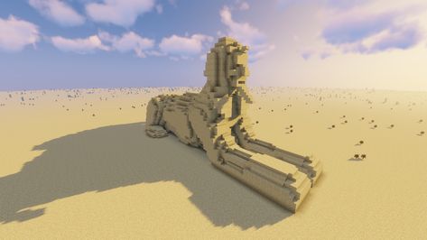 This is a sphinx statue based on the famous one in Egypt, except that it's not ruined by time. Comes with a hidden tomb inside. Minecraft Sandstone, Minecraft Ancient Egypt, Sphinx Concept Art, Minecraft Egyptian Statues, Minecraft Sphinx Statue, Minecraft Pyramid, Statue Minecraft, Minecraft Statue, The Sphinx Egypt