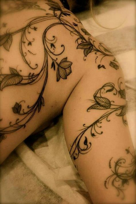 Tattoo Vines For Women, Ivy Tattoo Vines For Women, Upper Thigh Tattoo, Tattoo Vines, Ivy Tattoo, Around Arm Tattoo, Thigh Tattoo Designs, Vine Tattoos, Lace Tattoo