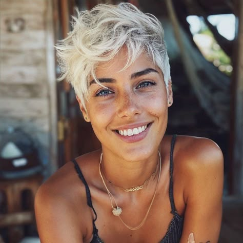 Pixie Cuts For 2024, Shaggy Pixie For Fine Hair, Pixie Long On Top, Very Short Hair Edgy Pixie Hairstyles, Growing Out A Buzzcut Women, Platinum Short Hair, Punk Pixie Cut, Tomboy Cut, Vintage Haircut