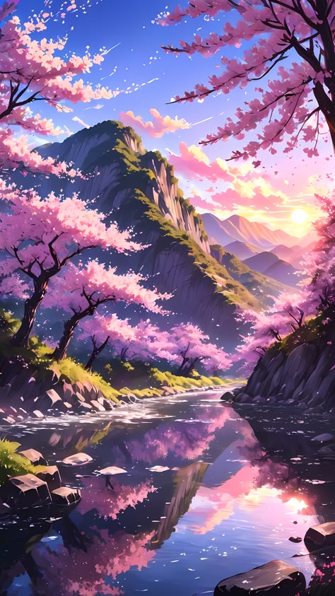 sakura trees, anime wallpaper, wallpaper hd, phone wallpaper, anime aesthetic, mountains, river, pink aesthetic, anime landscape, phone background, studio ghibli Lofi Japan Wallpaper, Pretty Anime Wallpapers Aesthetic, Anime Wallpapers Landscapes, Anime Tree Wallpaper, Lofi Aesthetic Mountain, Demon Slayer Background Landscape, Pink Forest Wallpaper, Sakura Trees Anime, Anime Nature Wallpaper Hd