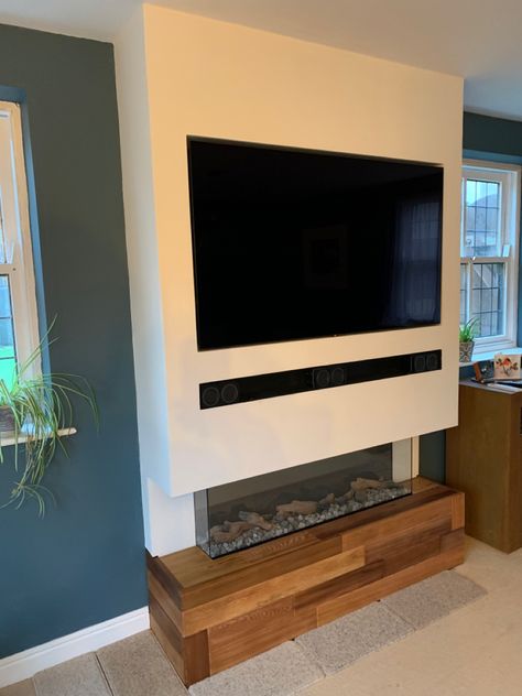 Electric Fire Media Walls, Inset Electric Fire With Tv Above, Wall Mounted Tv And Electric Fire, Tv Layout, Media Unit With Electric Fire, Electric Fire Suites Uk, Fire Ideas, Mini Tv, Modern Fireplaces