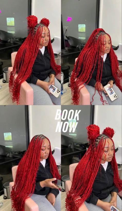 Braids With Orange Hair, Nice Hair Braids Style, Hair Color Braids Ideas, Copper Red Bohemian Braids, Red And Blonde Goddess Braids, Burgundy And Ginger Braids, Red Braids Black Roots, Color Combinations Braids, Red And Black Goddess Braids