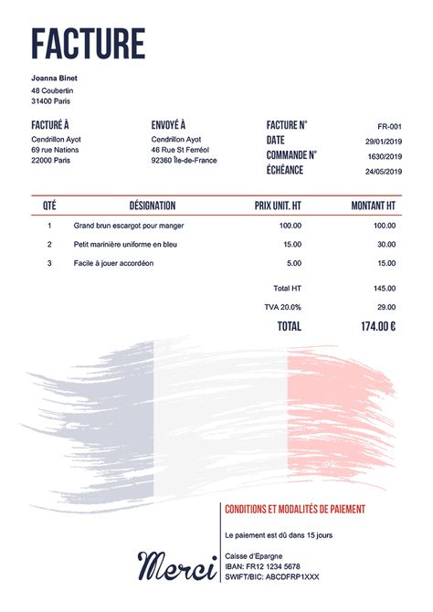 Modele Facture Fr Drapeau France Order Template, Invoice Design Template, Progress Report Template, Money Template, Printable Invoice, Money Printables, Invoice Sent, Couture Ideas, Bill Template