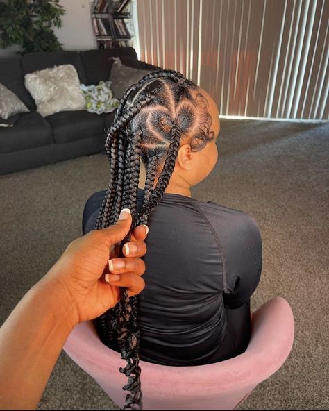 Large Knotless Braids Hairstyles With Heart, Box Braids With Heart And Curls, Knotless With A Heart, Large Knotless With Heart Part, Knotless With Curls And Heart, Hair School, G Hair, Braided Cornrow Hairstyles, Girls Braids