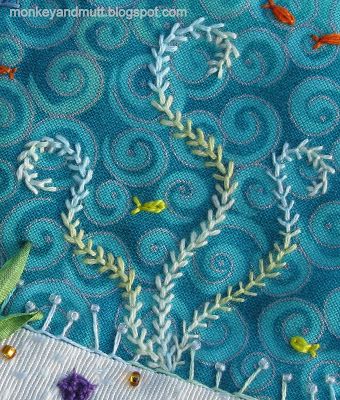 Living My Dream: TAST Week 1: Fly Stitch Textural Art, Embroidery Water, Sunny Rain, Sea Embroidery, Fly Stitch, Nautical Embroidery, Historical Embroidery, Mermaid Inspiration, Fish Underwater