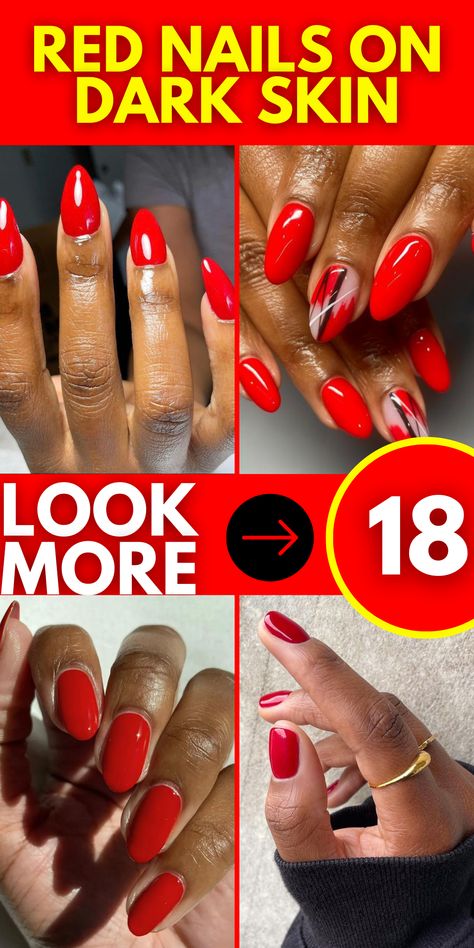 Red Round Nails Design, Red Nail Designs Almond Shape, Red Nails On Dark Skin, Almond Nails Black Women, Red Nail Polish Designs, Nails On Dark Skin, Red Almond Nails, Almond Nails Red, Short Red Nails