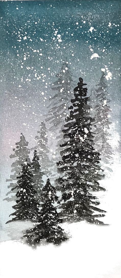 Watercolor Snow Paintings, Snowy Forest Watercolor, Christmas Forest Painting, Snow Painting Watercolor, Farmhouse Christmas Painting, Watercolour Snow Scenes Winter Landscape, Winter Pine Trees Painting, Winter Forest Watercolor, Snow Watercolor Paintings