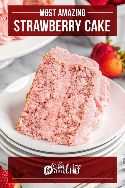 This image contains: A slice of fresh strawberry cake that is pink-colored. It has two layers with strawberry chantilly cream in between and as frosting. Strawberry Chantilly, Cake With Fresh Strawberries, Strawberry Cake Recipe, Delish Cakes, Strawberry Extract, Fresh Strawberry Cake, Yummy Cheesecake, Cake With Strawberry, Flourless Cake