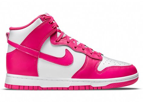 Women's Nike Dunk High Sneakers in White/Pink Prime. Dunk High Pink Prime, Nike Rosa, Nike Sb Dunk, Nike Dunk High, Dunk High, Pink Nikes, Liner Socks, Nike Dunk, Nike Dunks