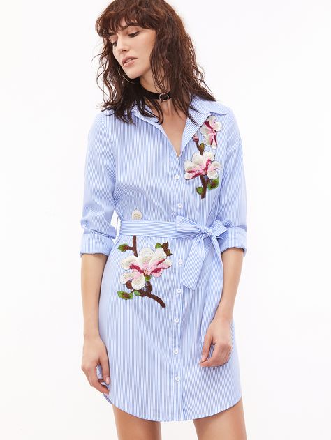 Blue And White Striped Self Belted Embroidered Shirt Dress -SheIn(Sheinside) Embroidered Shirt Dress, Marine Uniform, Ladies Shirt, Blue Shirt Dress, Floral Shirt Dress, Embroidery Dress, Polo Dress, Embroidered Shirt, Embroidered Dress