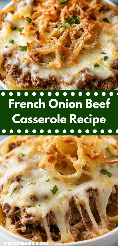 Craving a hearty dish? This easy French Onion Beef Casserole recipe offers rich flavors and simple preparation. Perfect for busy weeknights, it's a satisfying beef dinner that the whole family will love. Onion Beef Casserole, French Onion Beef Casserole, French Onion Casserole, French Onion Beef, Beef Noodle Casserole, Easy Corn Casserole, French Onion Dip, Baked Dinner, Beef Casserole Recipes