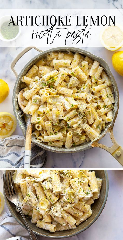 Fresh lemon and tender artichoke hearts are the perfect pairing in this creamy lemon ricotta pasta! Ready in minutes with only a handful of ingredients. Light Italian Dinner, Artichoke Heart Pasta Recipes, Artichoke Lemon Pasta Recipes, Easy Lemon Ricotta Pasta, Lemon Ricotta Pasta With Chicken, Pasta Lemon Ricotta, Lemon Ricotta Pasta With Arugula, Lemon Ricotta Pasta, Pasta Calories