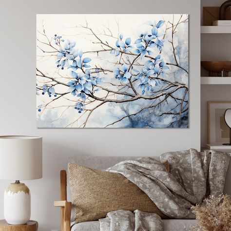 Grey And Blue Painting, Herbs Wall, Branch Leaves, Lily Wallpaper, Herb Wall, Leaves Wall Art, Cherry Blossom Art, Leaf Wall Art, Blue Painting