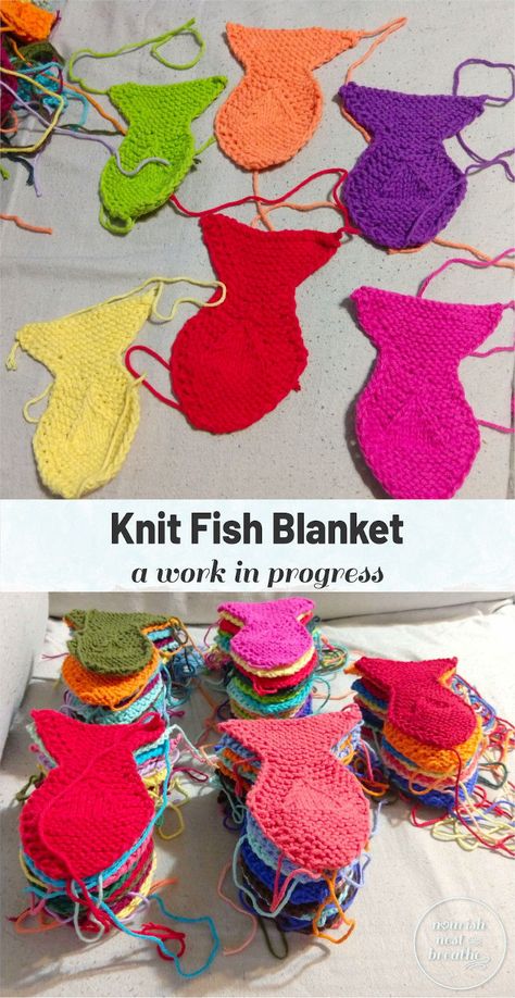 This is a modular knit fish blanket worked in leftover dishcloth cotton yarn.  These fish can be sewn together to make a blanket of any size!  The post includes a link to the pattern.  #freeknittingpattern #knitblanket #colorfulfish Knitted Fish Pattern Free, Knit Fish, Knitted Fish, Fish Blanket, Cotton Yarn Patterns, Craft Room Closet, Make A Blanket, Fidget Blankets, Fish Motif