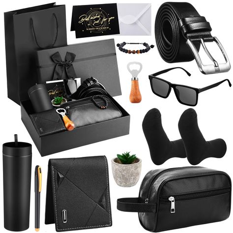 PRICES MAY VARY. Generous Gift Set: our men birthday basket includes 13 items, 1 plastic tumbler, 1 pair of socks, 1 card, 1 PU leather wallet, 1 toiletry bag, 1 belt, 1 pen, 1 beaded bracelet, 1 bottle opener, 1 glasses, 1 artificial plant, 1 gift box, and gift bag Quality and Durability: the tumbler, made of plastic with a reinforced acrylic lining and insulation layer, is suitable for keeping drinks hot or cold; The wallet, belt, and toiletry bag, are all made of PU leather; The size of the b Gifts Baskets For Men, Practical Gifts For Men, Men Gift Basket, Gift Baskets For Him, Gift Baskets For Men, Gifts Baskets, Baskets For Men, Birthday Basket, Birthday Gift Baskets