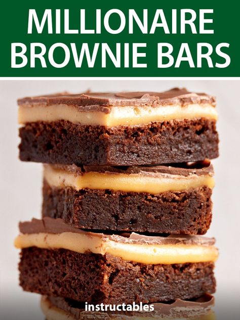 These indulgent millionaire brownie bars are rich and fudgy.  #Instructables #recipe #baking #dessert #caramel Millionaire Brownies, Easy Nacho Cheese, Kettle Bbq, Easy Nachos, Caramel Ingredients, Brownie Bars, Dulces Halloween, Millionaire Shortbread, Classic Cookies Recipes