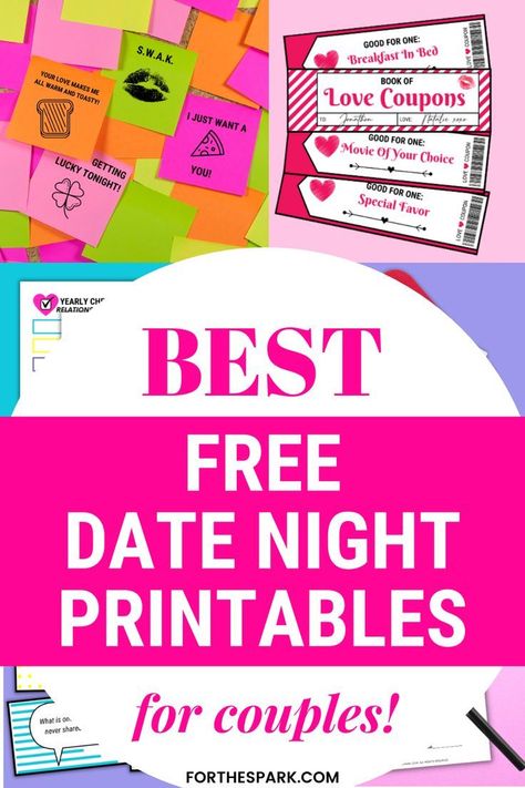 Spice up your date nights with these free date night printables for couples! We have free date night ideas, conversation cards for couples, couples games and more!!💟#LoveStory #RomanticEncounters #HeartfeltConnections #DateNightIdeas #SoulmateSearch #FlirtyFridays #CandlelitDinners #StarryEyedMoments #LoveQuotes #DreamyDates #WhisperedPromises #AmourAdventures Date Night Printables, Free Date Night Ideas, Free Date Night, Cards For Couples, Couples Games, Date Night Games, Date Night Ideas For Married Couples, Unique Date Ideas, Date Night Gifts