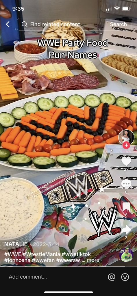 Wwf Party Ideas, Wrestlemania Food Ideas, Wwe Food Ideas, Wwe Party Food, Wrestling Themed Food, Wwe Themed Food, Wrestling Party Food, Wwe Food Puns, Wrestlemania Party Food