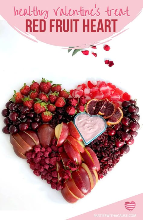 Lighten up your Valentine's Day celebration with a healthy food idea like this heart made from all red fruits! And a little raspberry yogurt fruit dip. Eating healthy doesn't have to be boring! Check out the tutorial and more great healthy party foods at Parties With A Cause. #healthyvalentines #fruittray #fruitheart Valentine's Day Fruit Platter, Valentine Fruit Tray Ideas, Valentine Fruit Board, Valentines Fruit Platter, Red Food Tray Ideas, Heart Fruit Tray, Red Food For Color Party, Valentine Fruit Tray, Valentine’s Day Potluck Ideas