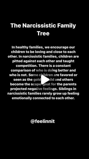 Motivation | Support | Community | Coaching | Podcasts on Instagram: "The Narcissistic Family Tree

In healthy families, we encourage our children to be loving and close to each other. In narcissistic families, children are pitted against each other and taught competition. There is a constant comparison of who is doing better and who is not. Some children are favored or seen as the golden child and others become the scape-goat for the parents projected negative feelings. Siblings in narcissistic families rarely grow up feeling emotionally connected to each other.

Welcome to @feelinnit we are building a new community providing motivational content & advice relating to Narcissism and Narcissistic personality disorder. 

We encourage user participation and community shared experiences to pro Emotionally Connected, Narcissistic Family, Negative Feelings, Doing Better, Narcissistic Personality, Narcissistic Parent, Gas Lights, Golden Child, Personality Disorder