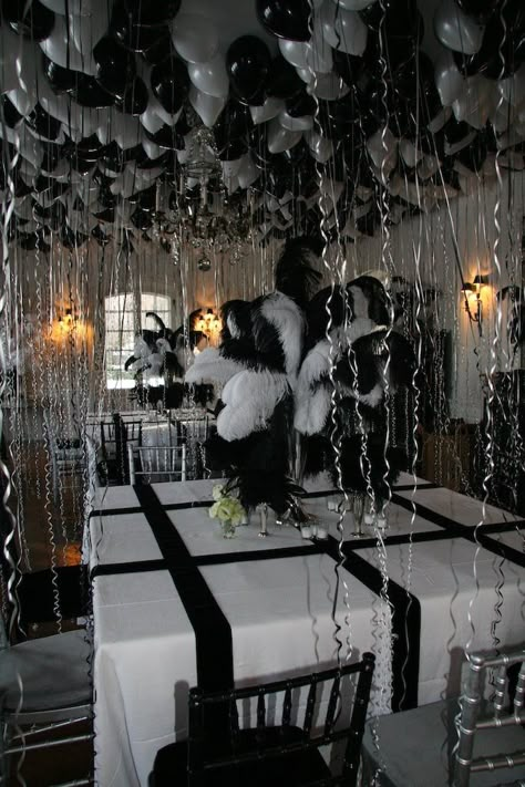 Ober, Onet & Associates: Truman Capote Black and White Themed Party Black Tie Decorations, Luxury Prom Theme, Black And White Prom Theme, Black Tie Theme Party, Black And White Masquerade Party, Black And White Party Aesthetic, Black Theme Party, Skeleton Birthday, Black And White Party Decorations