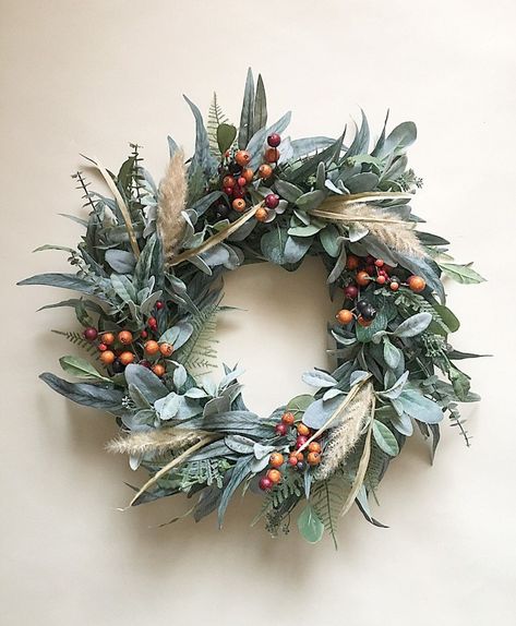 Eucalyptus Lambs Ear Wreath With Berries and Pampas Gras | Etsy January Wreath Ideas, January Wreath, Xmas Decorations Diy, Kitchen Wreath, Fall Decor Wreaths, Front Door Wreaths, Lambs Ear Wreath, All Season Wreath, Lambs Ear