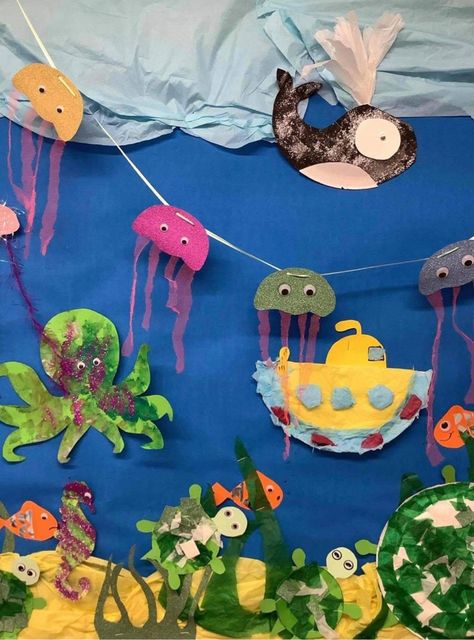 Under The Sea Display, Preschool Displays, Koala Craft, Art Display Wall, Summer Window, Water Wall, Under The Sea Theme, Sea Crafts, Islamic Studies