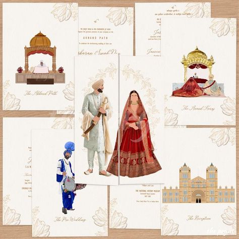 Wedding Doodles, Sikh Wedding Invitations Cards, Wedding Invitations Digital, Sikh Wedding Invitation, Sikh Wedding Card, Sabyasachi Bridal, Illustrated Wedding Invitations, Bridal Lengha, Hindu Wedding Cards