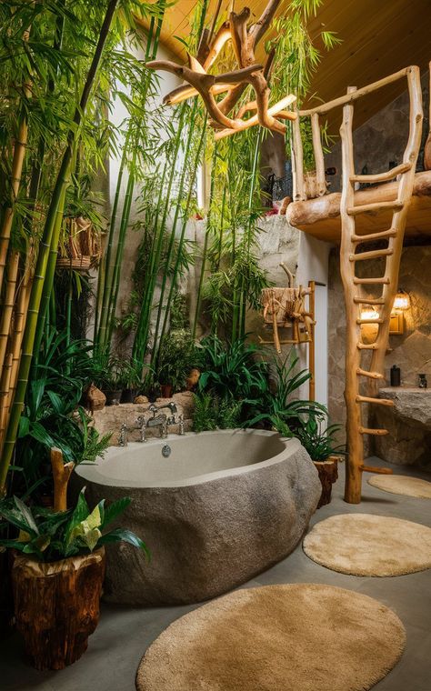 Jungle Bathroom Ideas, Nature Aesthetic Home, Bathtub Outdoor, Lakehouse Bathroom, Shower Plants, Jungle Bathroom, Bungalow Hotel, Village Aesthetic, Tropical Homes