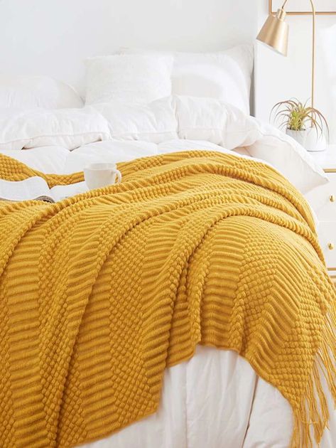 Yellow Throw Blanket Bedroom, Yellow Accent Bedroom Ideas, Yellow Blanket Bedroom, Mustard Yellow Throw Blanket, Grey And Mustard Bedroom Ideas, White And Mustard Bedroom, Mustard Color Bedroom Ideas, Black White And Yellow Bedroom, Mustard Accents Living Room