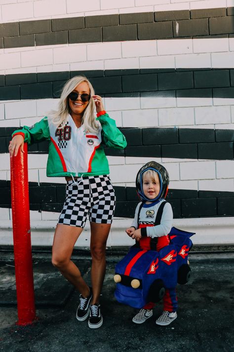 Race car kids costume and race car driver costume for mom #familycostumes Valentina Rupaul Drag Race, Race Car Outfit, Race Car Costume, Cars Halloween Costume, Race Car Driver Halloween Costume, Two Fast Two Furious, Nascar Costume, Race Car Driver Costume, Car Outfit