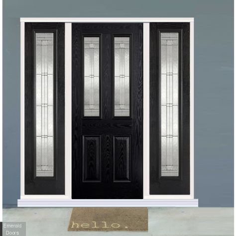 GRP Black Malton 2 Light Composite Grand Entrance Doors  The Cottage black Composite Grand Entrance is visibly stunning with its Elegant decorative glass, supplied with a dual finish which consists of a black finish to the outer and white finish internally.  GRP construction makes this Grand Entrance hard wearing which requires minimal maintenance. GRP composite doors are available in a choice of stunning designs, they are hard wearing and robust making them a great feature door for any home.  W Black Composite Front Door, White Interior Doors, Custom Entry Doors, Door Frame Molding, Composite Front Door, Black Front Doors, Room Divider Doors, Double Front Doors, Front Doors With Windows