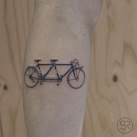 Sven Rayen | Done @studio_palermo .Anaïs for coming all the way from Paris to get tattooed ✌️ #singleneedle #tandem #bike Tandem Bike Tattoo, Tandem Tattoo, Small Calf Tattoos For Women, Cycle Tattoo Ideas, Camden Tattoo, Bicycle Tattoos, Travel Inspired Tattoos, Cycle Tattoo, Cycle Workout