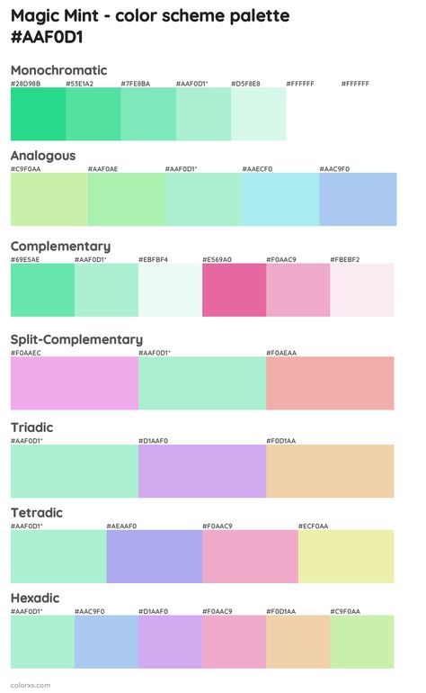 Magic Mint color palettes and color scheme combinations What Colors Go With Mint Green, Mint Green Complimentary Colors, Mint Color Palette Colour Schemes, Mint Pallete Color, Mint Color Combinations, Mint Green Color Combinations, Mint Green Combination, Mint Colour Palette, Mint Green Palette