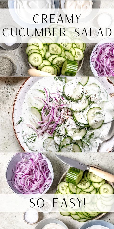 This cool and Creamy Cucumber Salad is made with a tangy sauce, crisp cucumbers, and fresh dill for a delicious summer side dish! Cucumber Dill Salad Recipes, Cucumber Sour Cream Dill Salad, Dinner Recipes With Cucumber, Best Creamy Cucumber Salad, Creamy Dill Cucumber Salad, Dairy Free Cucumber Salad, Entire Cucumber Recipes, Cucumber Salad With Cream Cheese, Cold Foods For Summer