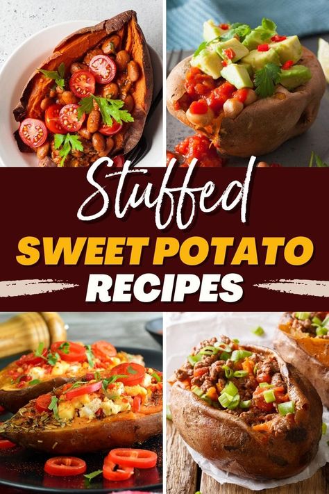 Stuffed Sweet Potato Breakfast, Sweet Potato Baked Potato, Stuffed Yam Recipes, Stuffed Sweet Potato Dinner, Sweet Potato For Lunch, Stuffed Sweet Potato Recipes Vegan, Sweet Potatoes Toppings, Veggie Stuffed Sweet Potato, Filled Sweet Potato Recipes