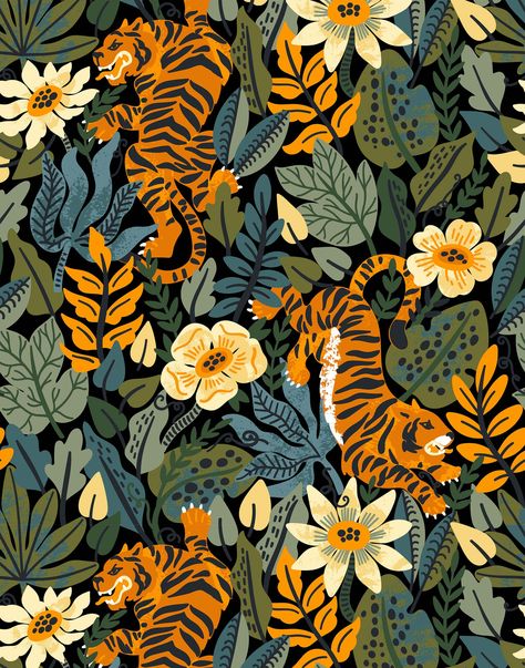 Jungle Wallpaper Tropical Prints, Maximalist Wallpaper, Tiger Jungle, Animal Wallpapers, Wallpaper Tropical, Tropical Florals, Van Gogh Almond Blossom, Floral Pattern Wallpaper, Tiger Wallpaper