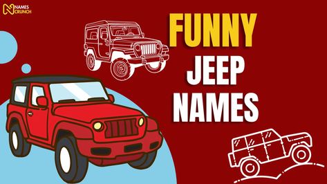 Explore a collection of witty, pun-tastic, and downright hilarious names for your trusty Jeep vehicles. From "The Gigglin' Gladiator" to "Mud-ster Comedian," this board is a Jeep owner's paradise. Whether you're a seasoned off-roader, an adventure enthusiast, or simply someone who enjoys automotive-themed humor, find the perfect name that will have you and your Jeep cruising with a smile. Pin your favorites and add a dose of laughter to your Jeep journeys! #FunnyJeepNames #OffRoadHumor White Jeep Names Ideas, Jeep Wrangler Names Ideas, Jeep Wrangler Names, Jeep Meme, Jeep Names Ideas, Jeep Themes, Jeep Wrangler Quotes, Car Names Ideas, Jeep Jokes