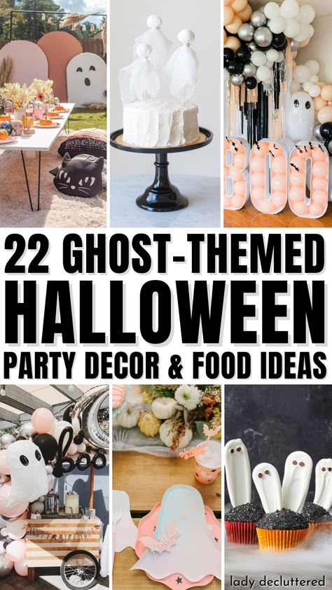 22 Ghost-Themed Halloween Party Decor & Food Ideas Minimalist Halloween Party, Ghost Theme Halloween Party, Halloween Carving Party Ideas, Boo Themed Halloween Party, Cute Spooky Party, Ghost Theme Party Halloween Decorations, Ghost Theme Party Food, Halloween Themed Parties, Halloween Fall Party