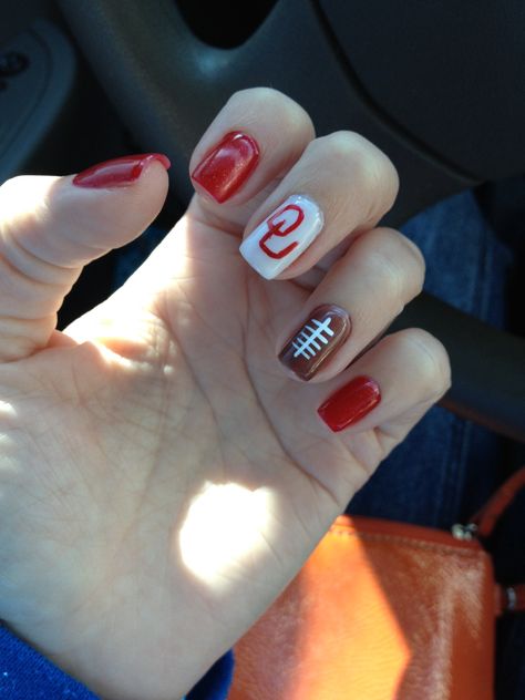 Ou Football Nails Oklahoma Sooners, Ou Football Nails, Oklahoma Sooners Nails, Ou Nails Boomer Sooner, Red Football Nails, Georgia Bulldog Nails, Football Nail Designs, Dip Colors, Nail Options