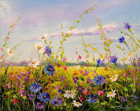 Wildflower Garden Painting, Forest Flowers Painting, Flower Painting Landscape, Wild Flower Acrylic Painting, Meadow Aesthetic Painting, Painting Inspo Flowers, Flower Meadow Drawing, Oil Art Painting Ideas, Meadow Drawing