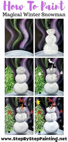 Snowman And Christmas Tree Painting, Beginner Paint Night Ideas, Holiday Paint Night Ideas, Canvas Painting Ideas For Beginners Christmas, Acrylic Painting Canvas Christmas, Beginner Christmas Painting, Christmas Canvas Painting Ideas Easy, Snowman Painting Tutorial, Easy Christmas Paintings For Beginners Acrylics