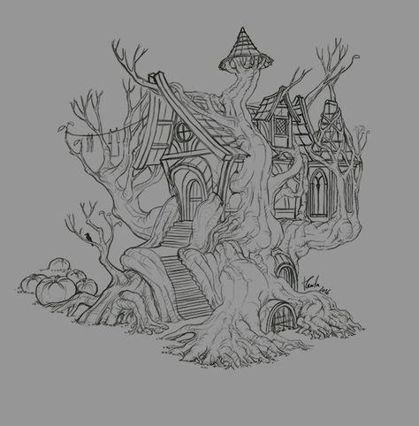 ArtStation - Witch House Skecth , Tânia Guita Witch Cottage Drawing, Witch House Tattoo, Tree House Tattoo, Witch House Drawing, Cottage Drawing, Tree House Drawing, Witch Cottage, Fairy Drawings, Isometric Art