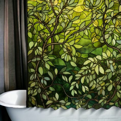 Cottagecore botanical stained glass Bath Shower Curtain with 12 C-shaped Hooks 69" x 70", Green forest foliage nature bathroom decor gift * [Material]: Polyester curtain + Plastic hook + Alloy eyelet * [Size]: 175cm x 180cm (69" x 70") * [Print Technology]: Thermal transfer print * [Print Position]: Single-sided printing * [Color]: White (unprinted side) * [Type]: Waterproof shower curtain with 12 C-shaped hooks * [Occasion]: Suitable for quickly creating a more private space in your bathroom, d Nature Bathroom, Earthy Bathroom, Whimsical Bathroom, Forest Foliage, Bath Shower Curtain, Cozy Bathroom, Dark Bathrooms, Natural Bathroom, Timeless Bathroom