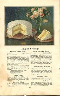 From that 1936 Airy Fairy booklet, recipes for icings and fillings for your cakes. The recipes (and variations) are for Quick Cooked Icing, Maple Icing, Carmel Icing, Butter Fondant Icing, Glossy Chocolate Icing, and Uncooked Icing. Retro Cake Recipes, Old Fashion Icing Recipes, Vintage Birthday Cake Recipe, 1960s Cake Recipes, Vintage Cake Recipes Grandmothers, 1920s Cake, Vintage Pasta, Cake Filling Recipes, Vintage Baking