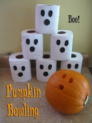 ANd this game reminds me of our old Janitor Denny who stacked TP rolls in another teachers' doorway one morning! Fun easy game! Pumpkin Bowling, Work Party Games, Family Library, Fall Festival Games, Library Space, Boo Bash, Dekorasi Halloween, Festival Games, Halloween Fest