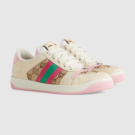 Women's Screener sneaker with crystals in beige and ebony GG canvas | GUCCI® US Tenis Gucci, Gucci Sneakers, Gucci Horsebit, Logo Vintage, Pink Sneakers, Designer Shoulder Bags, Low Top Sneakers, Adidas Superstar Sneaker, Gucci Shoes