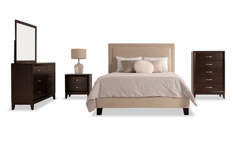 Tremont 5 Piece Queen Beige Upholstered Bedroom Set with Chest | Bob's Discount Furniture Espresso Bedroom Furniture, Gray Upholstered Bed, Bed Room Set, Grey Bedroom Set, Makeup Storage Drawers, Upholstered Bedroom Set, Bed Dresser, Upholstered Bedroom, Bob's Discount Furniture